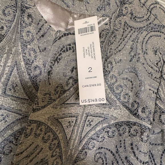 Chicos Size 2 Jacquard Jacket  faux fur cuffs silver grey sparkle cuffs are tan - Picture 4 of 5